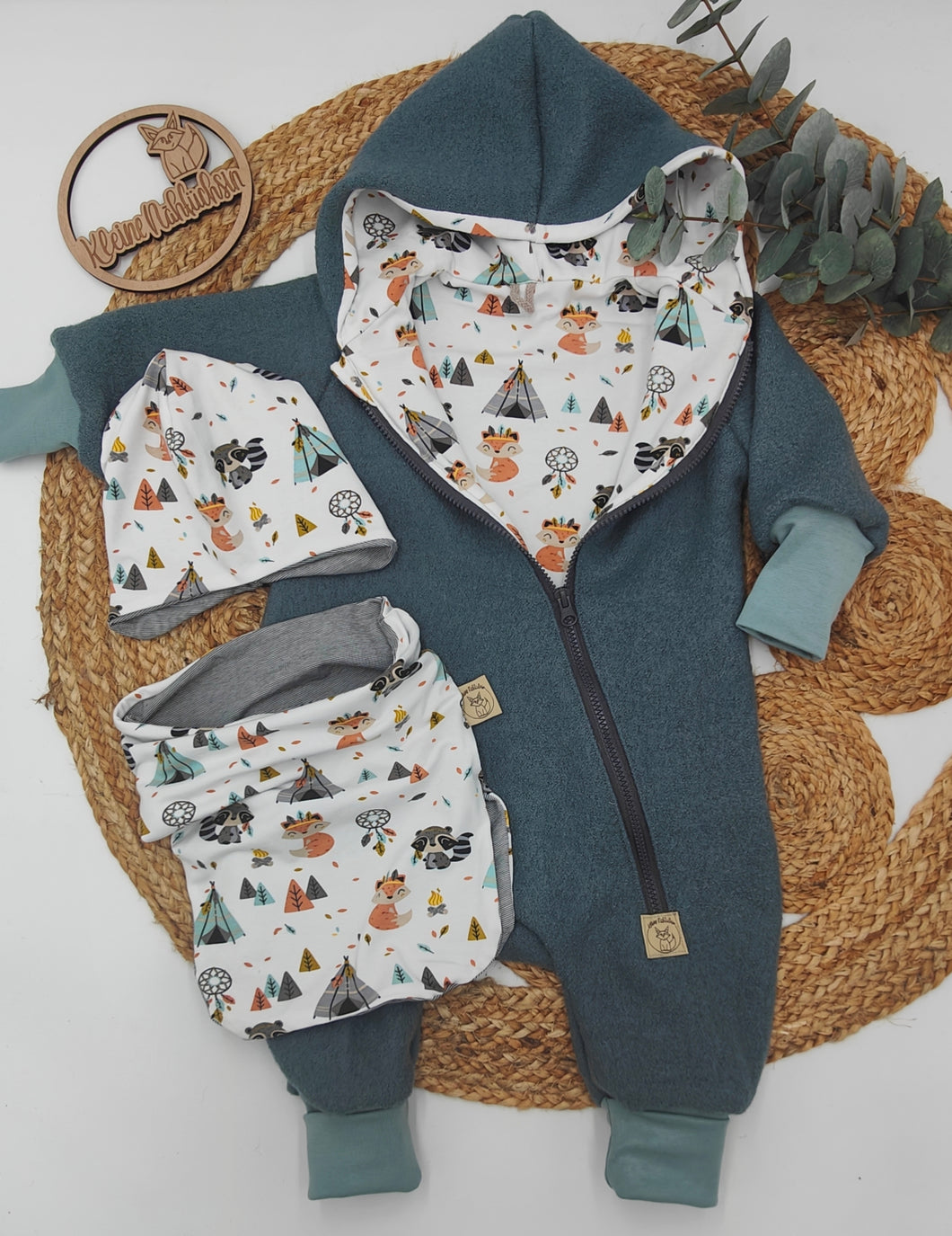 Gr. 80/86 Walkoverall Altgrün/Boho Indiana, Mitwachsbündchen + XXL-LOOP + GRATIS Mütze